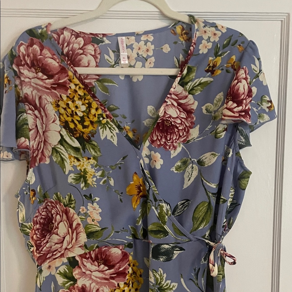 Xhilaration Blue Floral Dress with Pink Accents